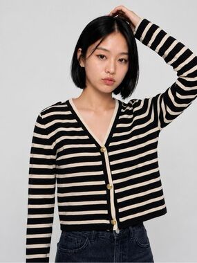 Mango Black and Cream Striped V-Neck Button Cardigan